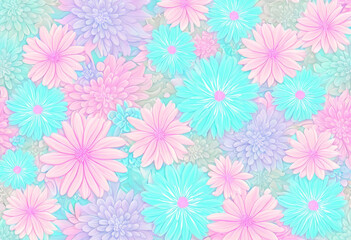 Ein zartes Blumenmotiv in sanften Pastelltönen aus Rosa, Blau und Türkis. Die weichen Übergänge und das verträumte Design verleihen eine beruhigende Ästhetik. Generative KI.
