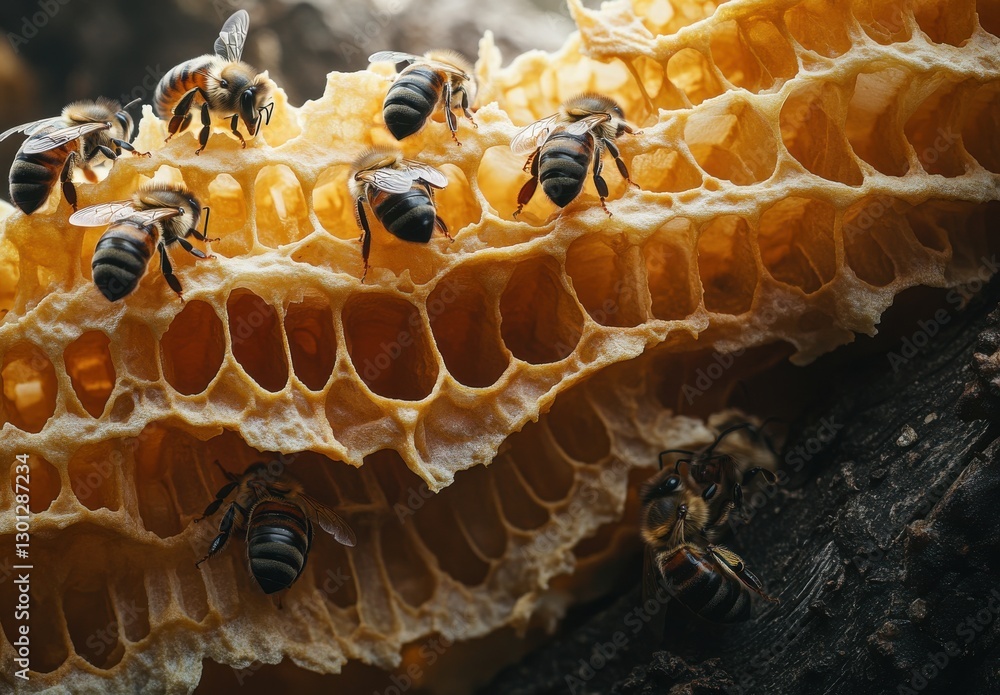 Poster close-up of bees pollinating and working on honeycomb inside a beehive, surrounded by golden honey a