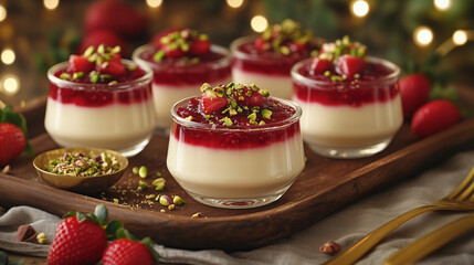 Festive Panna Cotta Dessert Garnished with Strawberries and Pistachios Served on a Rustic Wooden Tray with Golden Cutlery and Garland Lights in the Background