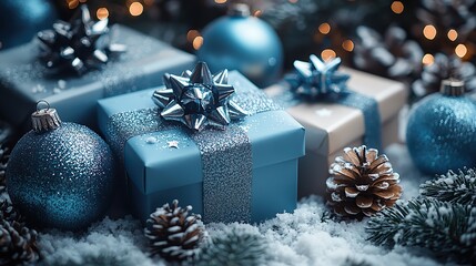 Blue, white, and silver baubles, gift boxes, disco balls, stars, and confetti create a dazzling display on white.