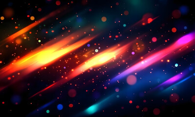 Fototapeta premium Colorful glow sparks of light texture. Orange red rays on dark blue abstract layer black background .Crystal flare abstract effect. Holographic sunlight reflection wallpaper, colorful glare bokeh.