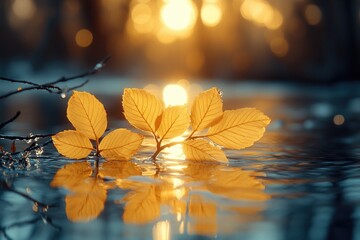 A close-up of a single leaf floating on the surface of calm water
