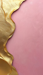 Naklejka premium Eine abstrakte Komposition mit goldener, strukturierter Folie, die unregelmäßig einen rosa Hintergrund umrahmt. Edler, luxuriöser Look mit moderner Ästhetik. Generative KI.