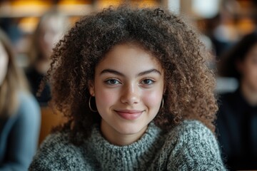 A woman with curly hair sitting at a table, ready for work or study