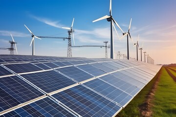 Solar panels and wind turbine. Solar energy field and wind turbines during a summer sunrise