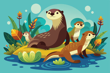 Obraz premium A group of playful otters swims and lounges together in a vibrant pond surrounded by lush greenery, Otters swimming Customizable Semi Flat Illustration