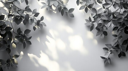 Blurred gray shadow of tree leaves and branches on a white wall, an abstract neutral nature concept background with space for text and shadow for natural light effects.