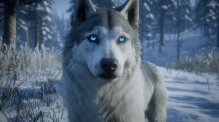 Naklejka premium Husky with Piercing Blue Eyes in Snowy Winter Landscape Portrait