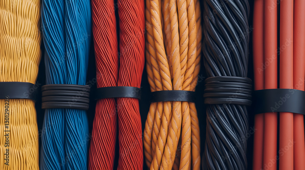 Poster organized power cables of different colors bound with dark straps. high-resolution image showcases c