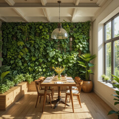 Fototapeta premium dining room is full of light and life, with wall garden flourishing, communal table ready for gathering and connection