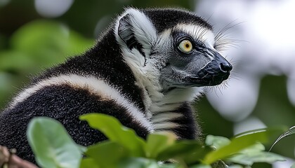 Fototapeta premium Black-and-white lemur perched in foliage