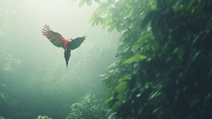 Scarlet Macaw Flying Through Misty Rainforest Canopy in Vibrant Display