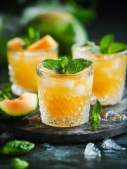 Fototapeta premium Refreshing Melon Mint Juice in Elegant Glasses - Summer refreshment, vibrant melon juice, cool mint garnish, icy texture, stylish glassware. A perfect summer drink symbolizing coolness, freshness