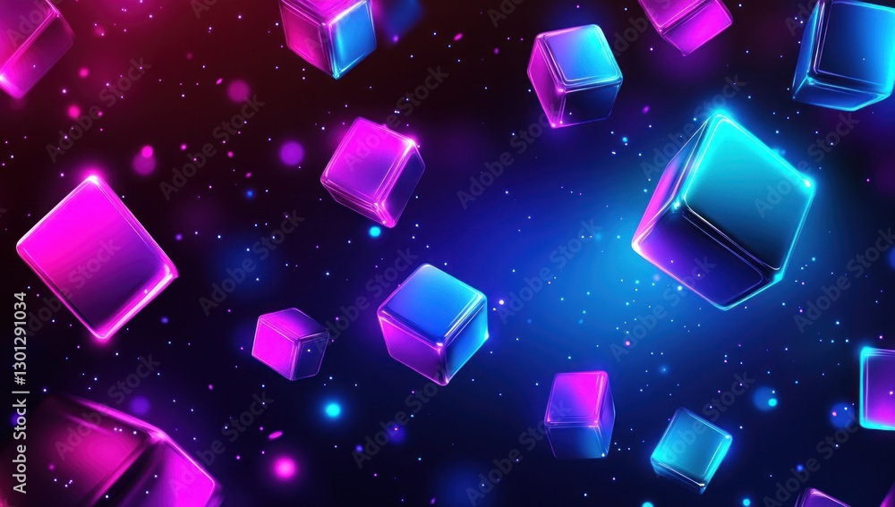 Poster glowing neon cubes float in dark space. (2)