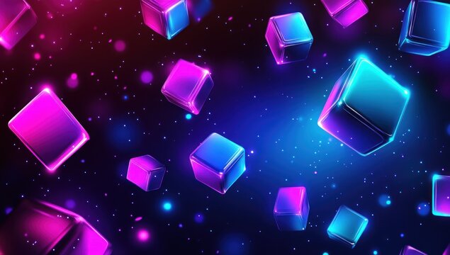 Fototapeta Glowing neon cubes float in dark space. (2)