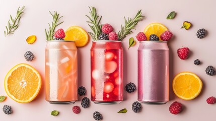 Fototapeta premium Refreshing Summer Berry Drinks in Cans - Three aluminum cans filled with colorful berry and citrus infused drinks, garnished with fresh fruit and rosemary sprigs. Perfect for summer