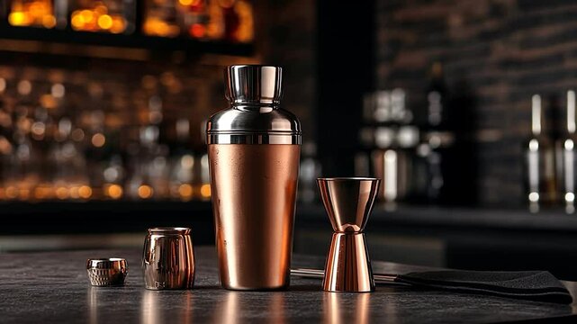 Copper cocktail shaker and jiggers on bar counter