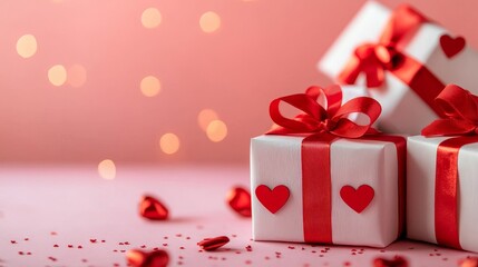 Obraz premium Romantic Valentine Gifts - White gift boxes with red ribbons and hearts, on a pink background with bokeh lights and confetti. Perfect for Valentine's Day
