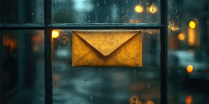 A bright yellow envelope sitting on the edge of a window, possibly waiting for delivery or pickup