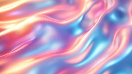 Fototapeta premium Blurred soft-focused abstract holographic background in 80s, 90s style. Pastel green, blue, turquoise metallic minimal holographic foil ribbons. Simple surreal retro festive backdrop.