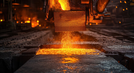 Molten metal flows from a pouring spout into prepared molds, showcasing the intense activity at an iron-making facility during production