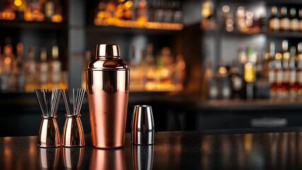 Copper cocktail shaker on bar counter