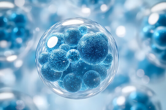 GClose-up of blue exosome particles inside transparent spheres. 3D illustration of exosomes in biotechnology. Scientific visualization related to cosmetology and trichology.enerated image