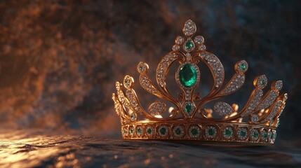 A regal gold crown with embedded emeralds and sapphires on a textured golden backdrop.