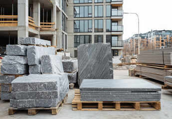 Large gray granite blocks are organized at a construction site beside contemporary buildings, showcasing raw materials for urban development