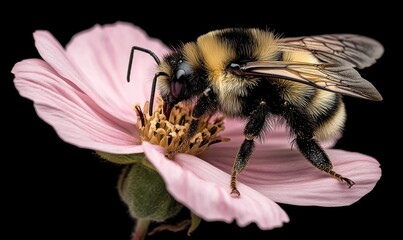 Close-Up of Bumblebee Pollinating Delicate Pink Flower in Captivating Detail with Soft Focus Background and Contrast of Colors