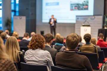 Fototapeta premium hall at business event. Rear view of people in audience at the conference hall, Speaker giving a talk in conference 