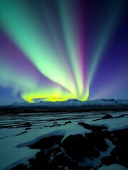 Naklejka premium An awe-inspiring scene of colorful auroras painting the sky over a serene, frozen wilderness.
