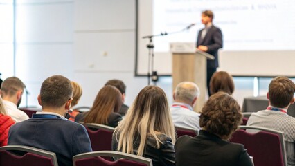 Rear view of people in audience at the conference hall, Speaker giving a talk in conference hall at business event.