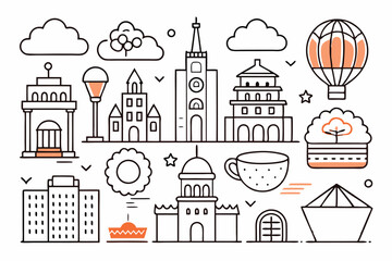 The collection features various city landmarks, a hot air balloon, and nature elements in a minimalistic style, Outline simple vector collection isolated on white background