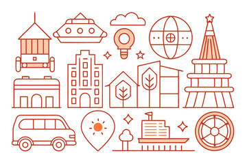 A collection of simple outline vector icons depicting buildings, vehicles, and landscapes, Outline simple vector collection isolated on white background