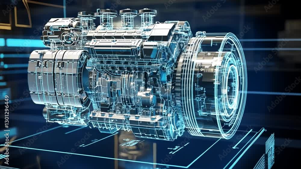 Poster detailed engine blueprint visualization with blue hologram effect in 3d render