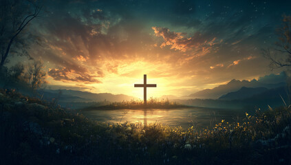 Fototapeta premium Cross silhouetted against sunset over tranquil lake and mountains. Christian religion concept
