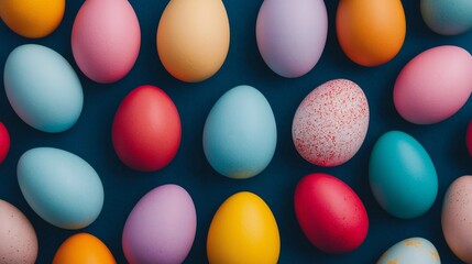 Easter Holiday, Easter Concept, Colorful Easter Eggs Flat Lay Pastel Bright Painted Eggs Background