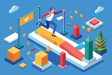 A person skillfully jumps across various geometric obstacles in a colorful isometric environment, Overcome Customizable Isometric Illustration