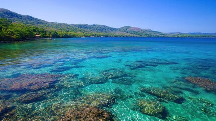 Stunning Turquoise Bay: Crystal Clear Waters and Lush Green Hills