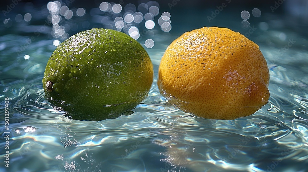 Poster fresh lime and lemon floating in water with bokeh background