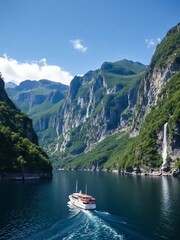 A serene boat journey through a stunning fjord landscape with towering cliffs and a cascading waterfall.