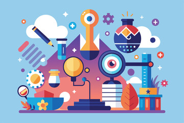 A colorful array of design tools and elements, including gears, vases, and plant motifs set against a blue backdrop, Oversight Customizable Flat Illustration