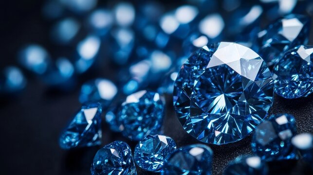Sparkling Blue Diamonds Collection - Close-up shot of numerous brilliant blue diamonds, showcasing their sparkle and facets. Luxurious and captivating