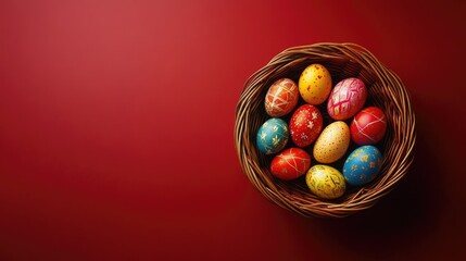 A top-down view of a basket with rainbow-colored eggs on a deep red background.