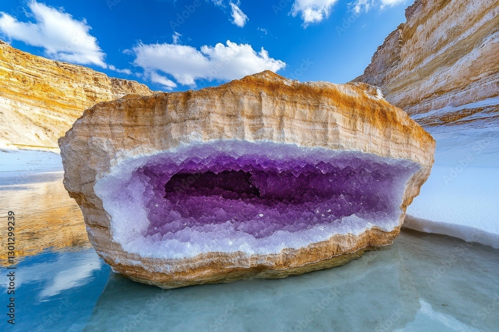 Poster a magical canyon filled with glowing crystals embedded in the rock walls, casting a soft ethereal li
