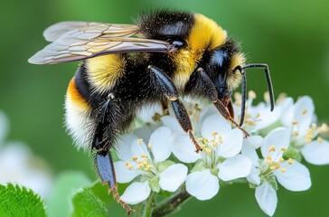 Close-Up of Bumblebee Pollinating White Blossom in a Garden Environment Highlighting Nature's Beauty and Ecosystem Importance and Biodiversity