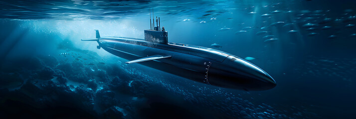 Obraz premium Modern Submarine Gliding Through Ocean Depths Surrounded by Marine Life, Showcasing Advanced Engineering and Natural Beauty