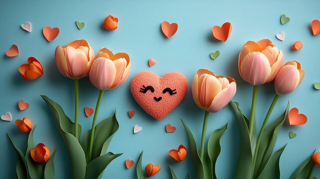 Capture the essence of Woman's Day with a radiant tulip love image. This top view photo features vibrant tulips and heart details on a pastel blue background, customizable with your own text or ads