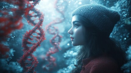 Contemplating Industrial Skyline at Night.jpg, Woman Contemplating DNA in a Wintery Forest Scene.jpg, Woman Contemplating Cityscape at Sunset.jpg, Winter sunset city street seen through eyeglasses.jpg